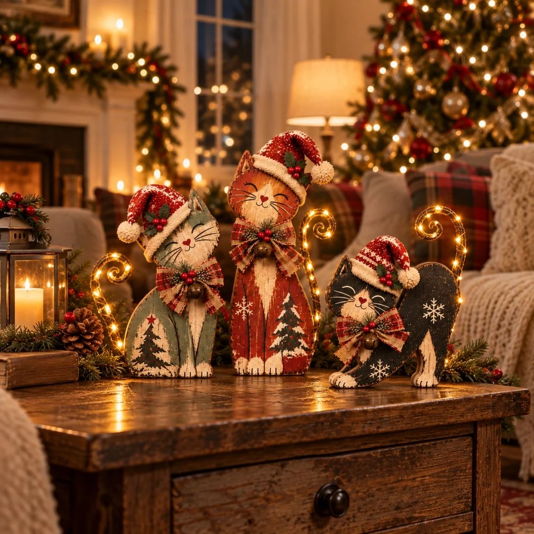 Vintage Christmas Cat Trio