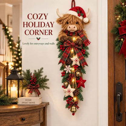 🐮🎄 Lighted Highland Cow Christmas Door Swag – A Cozy Holiday Welcome