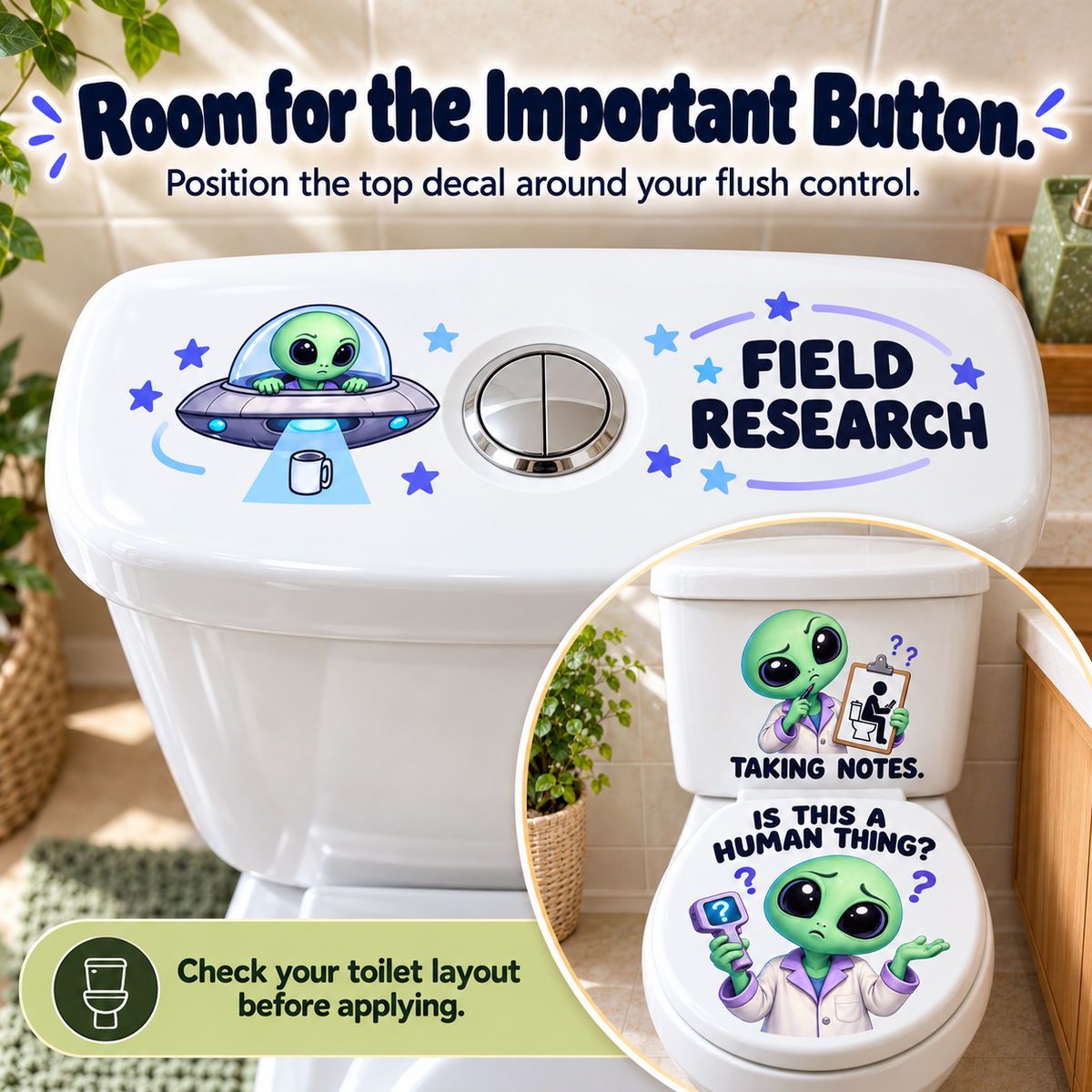 👽 “Is This a Human Thing?” 3-Piece Alien Toilet Decal Set