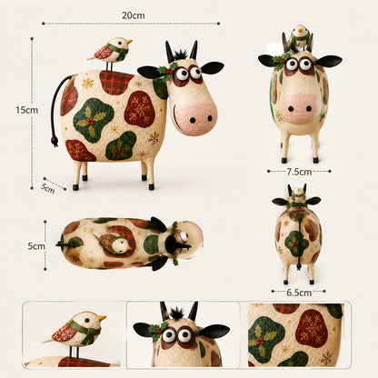 Whimsical Cow & Bird Folk Art Figurine – Rustic Farmhouse Tabletop Decor Gift