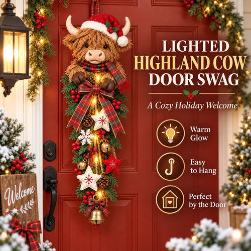 🐮🎄 Lighted Highland Cow Christmas Door Swag – A Cozy Holiday Welcome