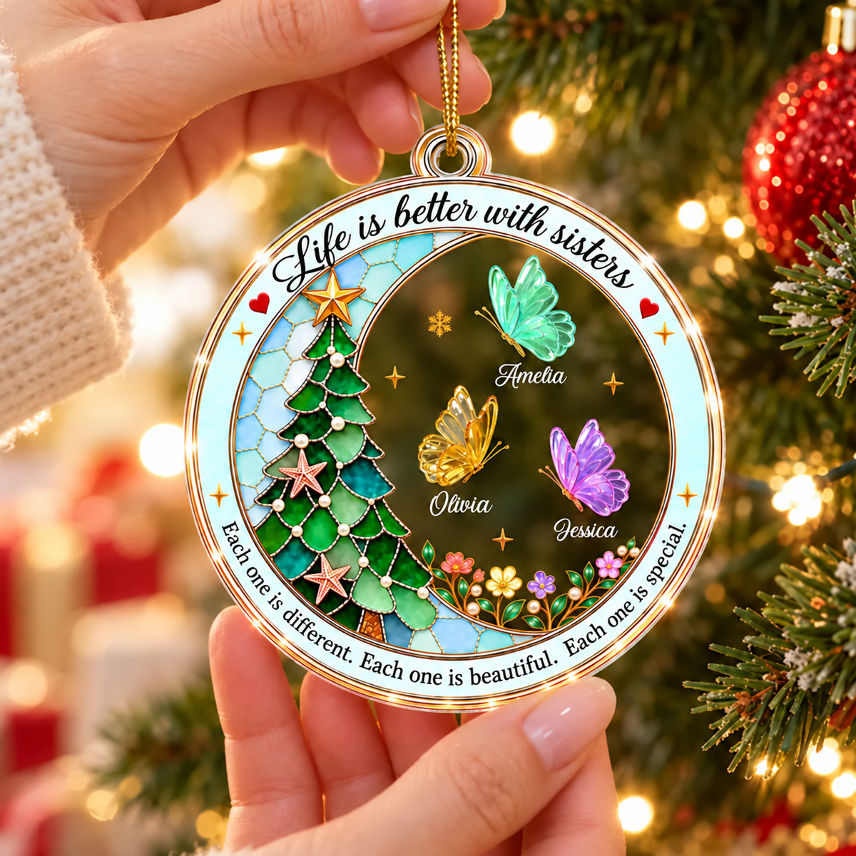Personalized Sisters Christmas Ornament – Custom Butterfly Names Acrylic Ornament