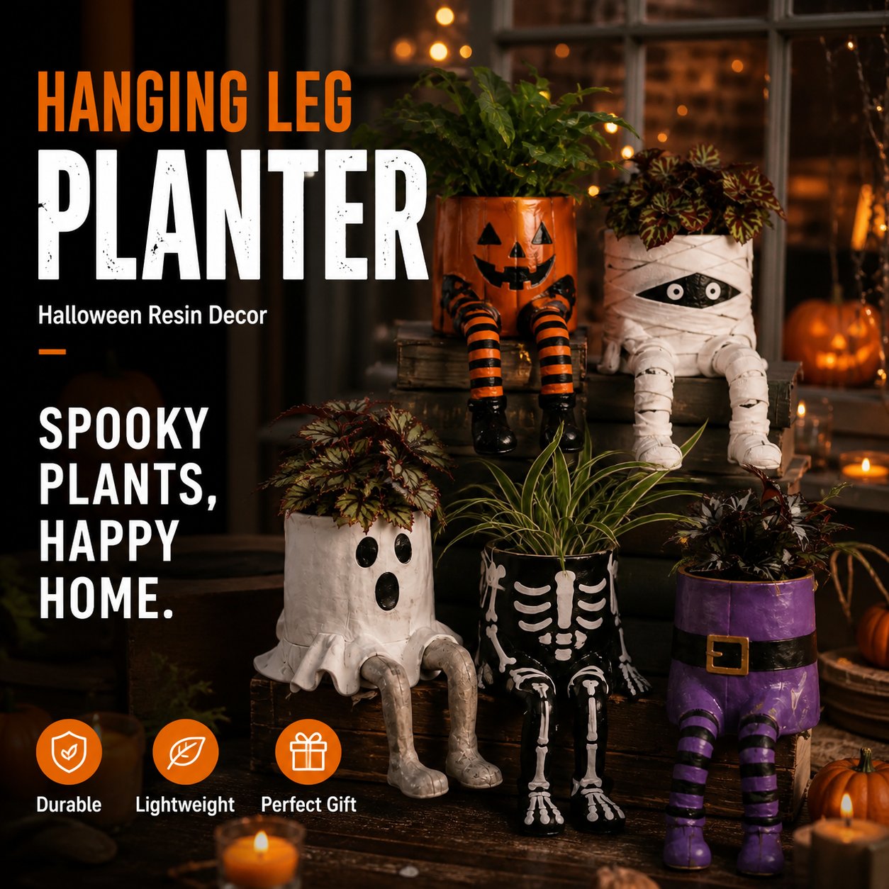 💀🎃Halloween Whimsical Hanging Leg Planter Hand-Painted Resin Succulent Pot💐