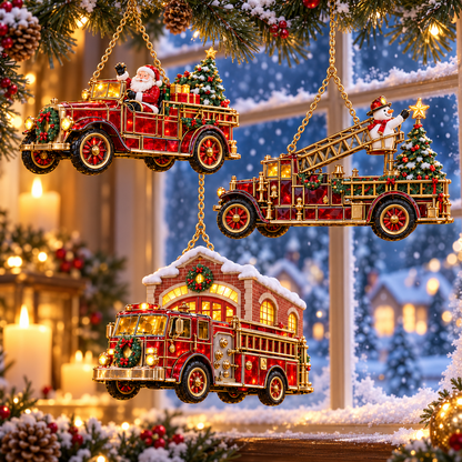 2026 Vintage Fire Truck Christmas Ornaments – Set of 6 | Stained-Glass Style with Festive Holiday Scenes & Golden Accents