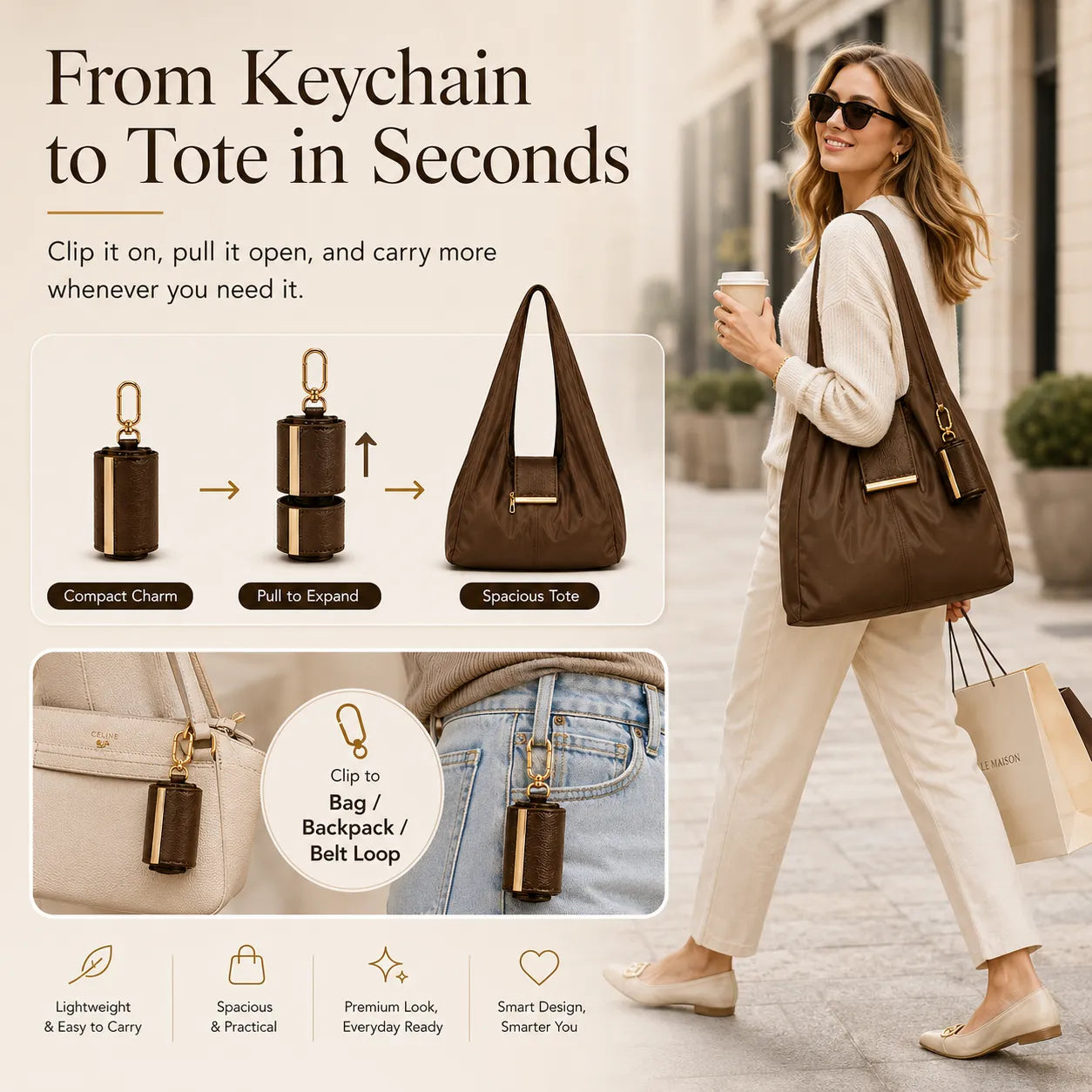 Transformable Bag – Stylish Vegan Leather Tote & Keychain Charm