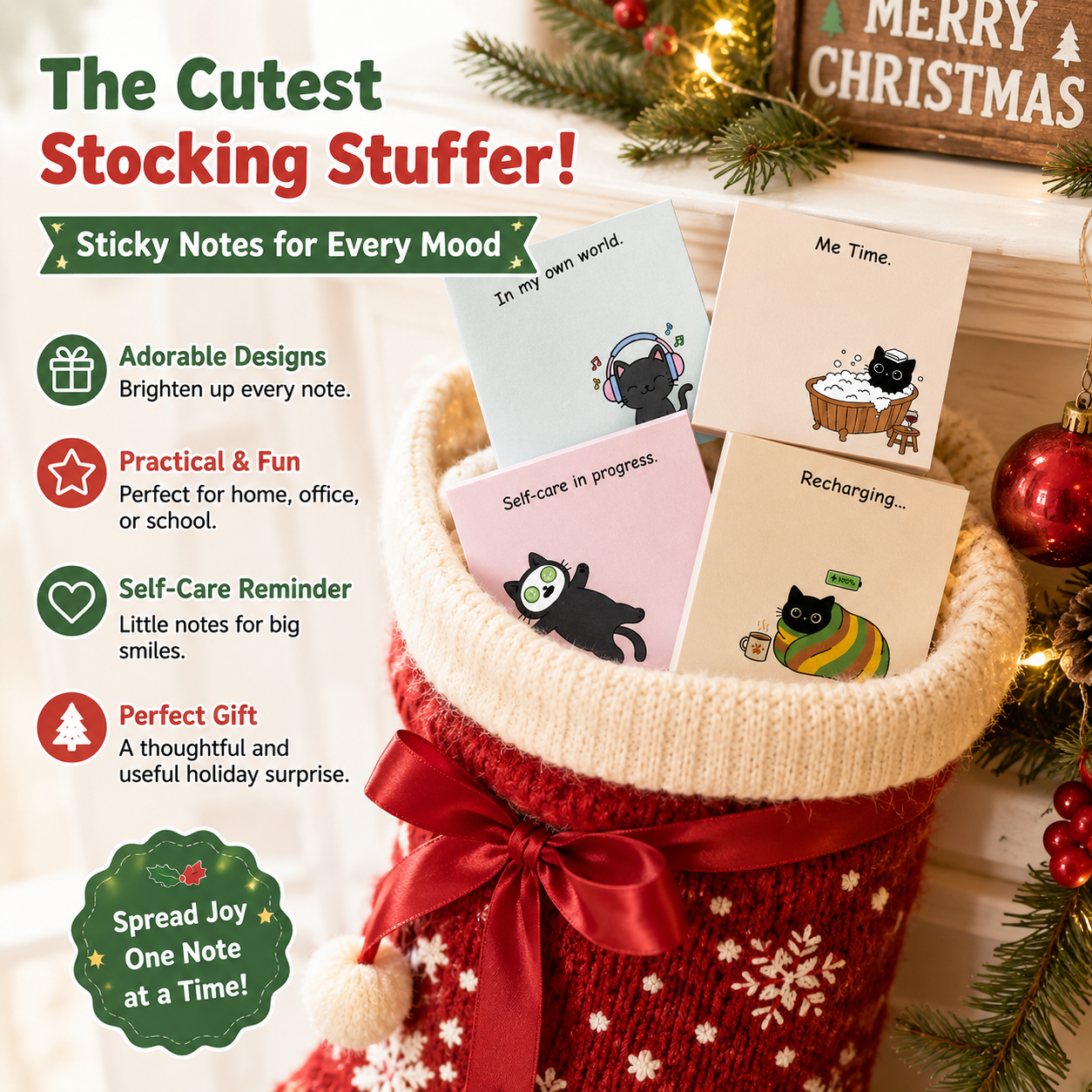 Black Cat Self-Care Sticky Notes, Cozy Introvert Desk Pad (4 Pack)