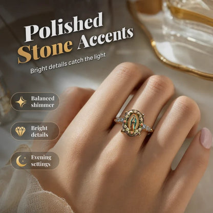 Vintage floral oval print ring featuring the Virgin Mary