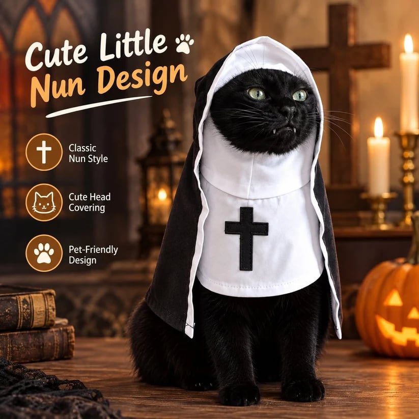 🐈‍⬛ Holy Cat Nun Costume – Funny Halloween Cat Outfit, Cute Black & White Pet Costume for Photos & Cat Lovers 🎃