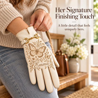✨ Personalized Elegance: Custom Engraved Leather Gloves with Gold Accent ✨