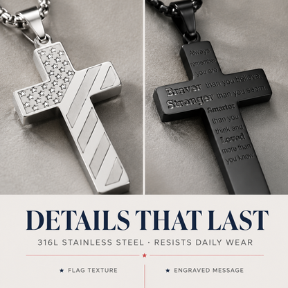 Men’s American Flag Cross Necklace | Wear Your Faith & Inner Strength ✝︎ Braver Stronger Smarter Loved Engraved Pendant