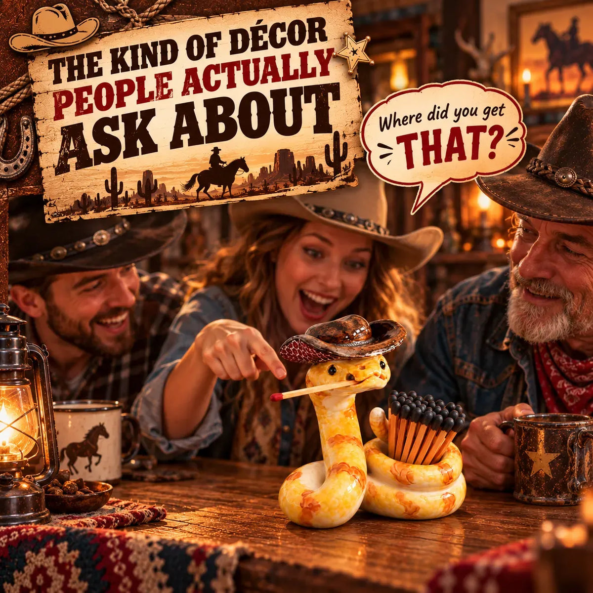⏳ Last Day 49% OFF – 🤠 The Cowboy RattlerTM Match Holder | Funny Western Snake Décor for Cabins, Mantels & Bars 🐍