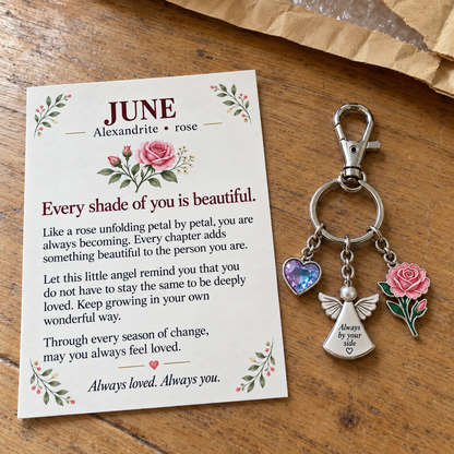⏳ Last Day 50% OFF —👼 Always By Your Side: Birth Month Angel & Flower Keychain + Keepsake Card 🌸