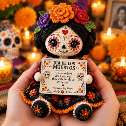 Handcrafted Día de los Muertos Crochet Doll – Sugar Skull Catrina Figurine with Floral Dress & Memorial Sign