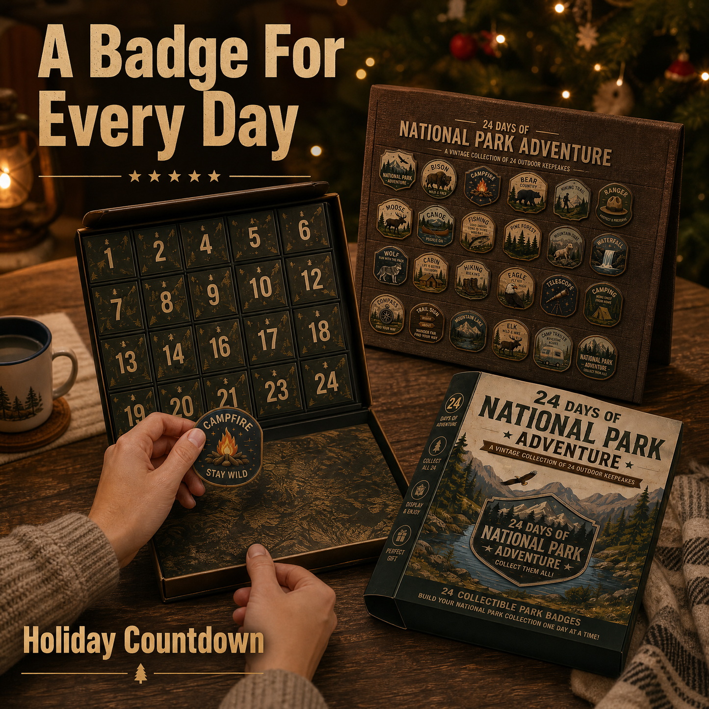 National Park Adventure Advent Calendar 🦅 24 Vintage Collectible Badges Christmas Countdown Gift for Outdoor Lovers