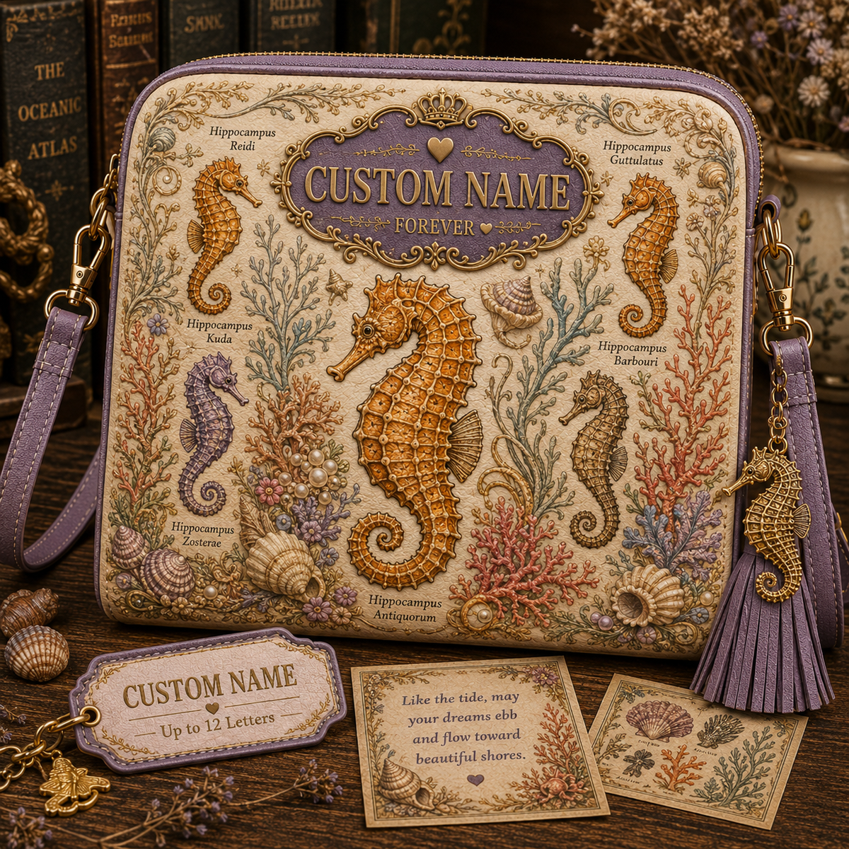 Personalized Vintage Ocean Crossbody Bag | Custom Name & Marine Charm Purse
