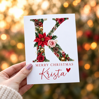 Personalized Christmas Initial Greeting Card – Custom Name Floral Holiday Card