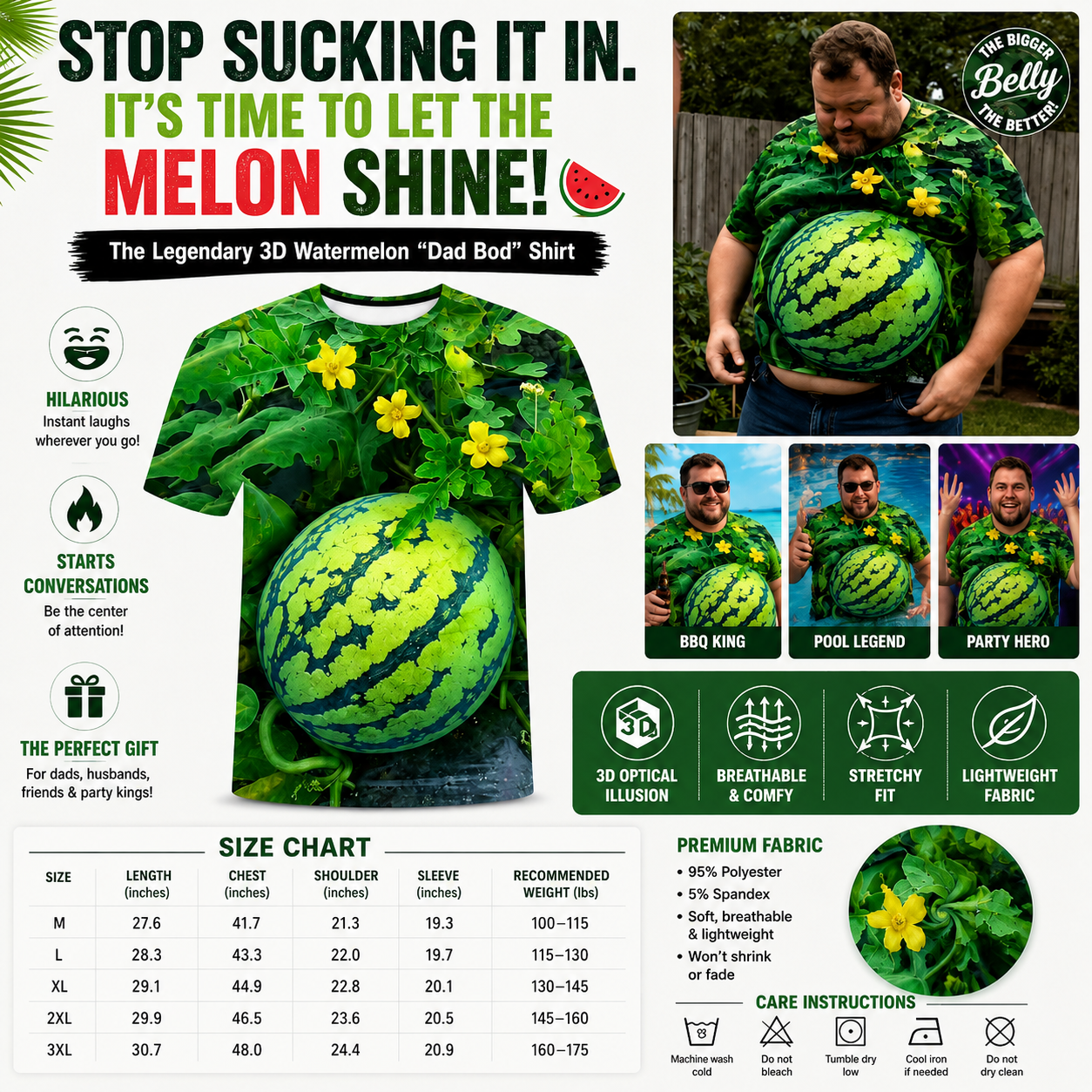 The Legendary 3D Watermelon "Dad Bod" Shirt 🍉 | Hilarious Belly Optical Illusion Tee | The Ultimate Summer Gag Gift