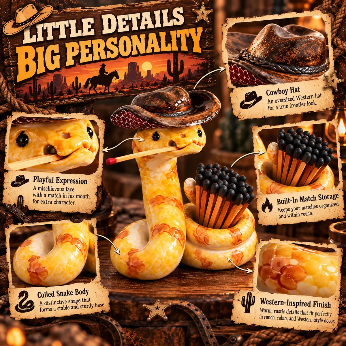 ⏳ Last Day 49% OFF – 🤠 The Cowboy RattlerTM Match Holder | Funny Western Snake Décor for Cabins, Mantels & Bars 🐍