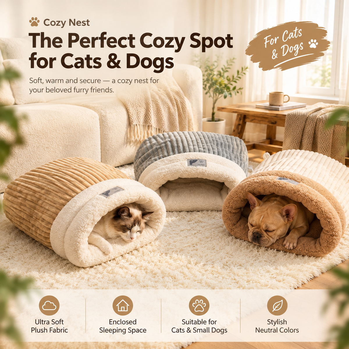 Cozy Nest Pet Sleeping Bag for Cats & Dogs – Soft Plush Cave Bed
