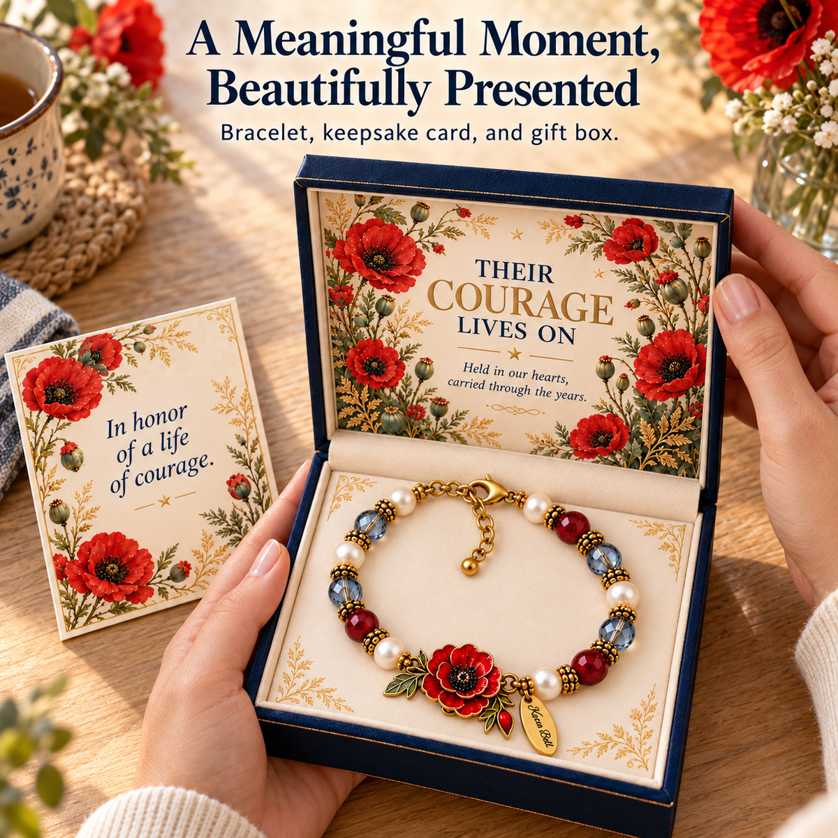 🌺 Personalized "Courage Lives On" Poppy Memorial Bracelet & Keepsake Box Set 🕊️