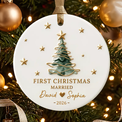 Personalized First Christmas Married Ceramic Ornament - Custom Couple Names & Year Christmas Tree Keepsake Gift