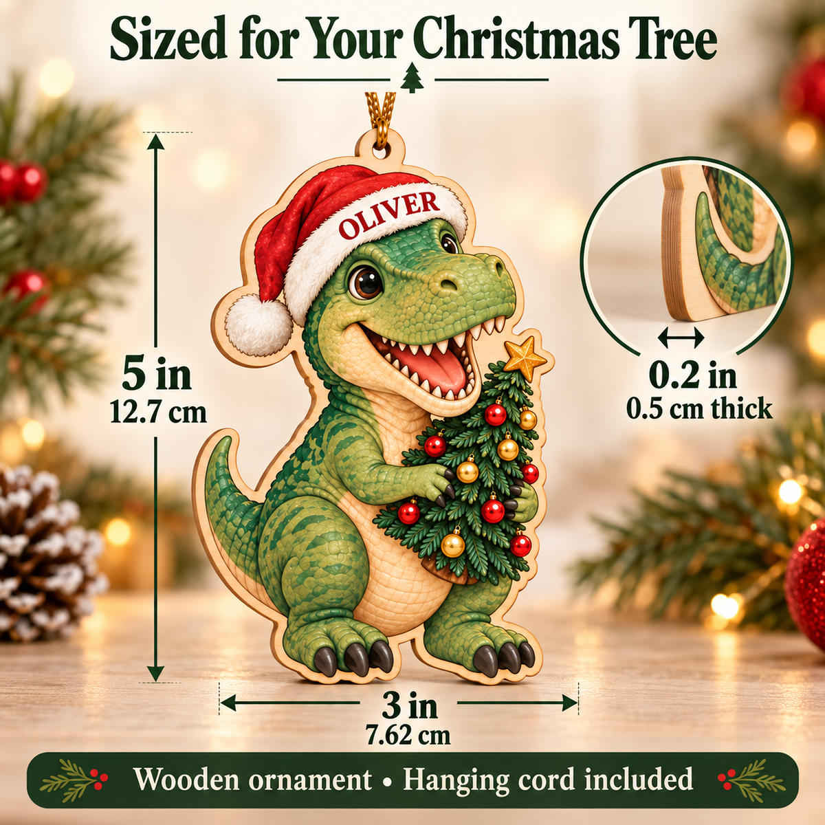🔥Last Day 50% OFF -🦖 Personalized Dinosaur Christmas Ornament | Custom Name Wood Keepsake with Dino Facts & Wishes 🎄