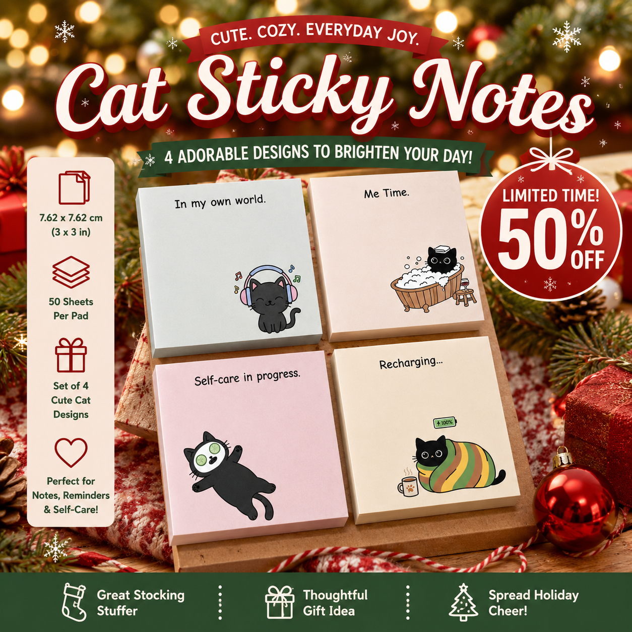 Black Cat Self-Care Sticky Notes, Cozy Introvert Desk Pad (4 Pack)