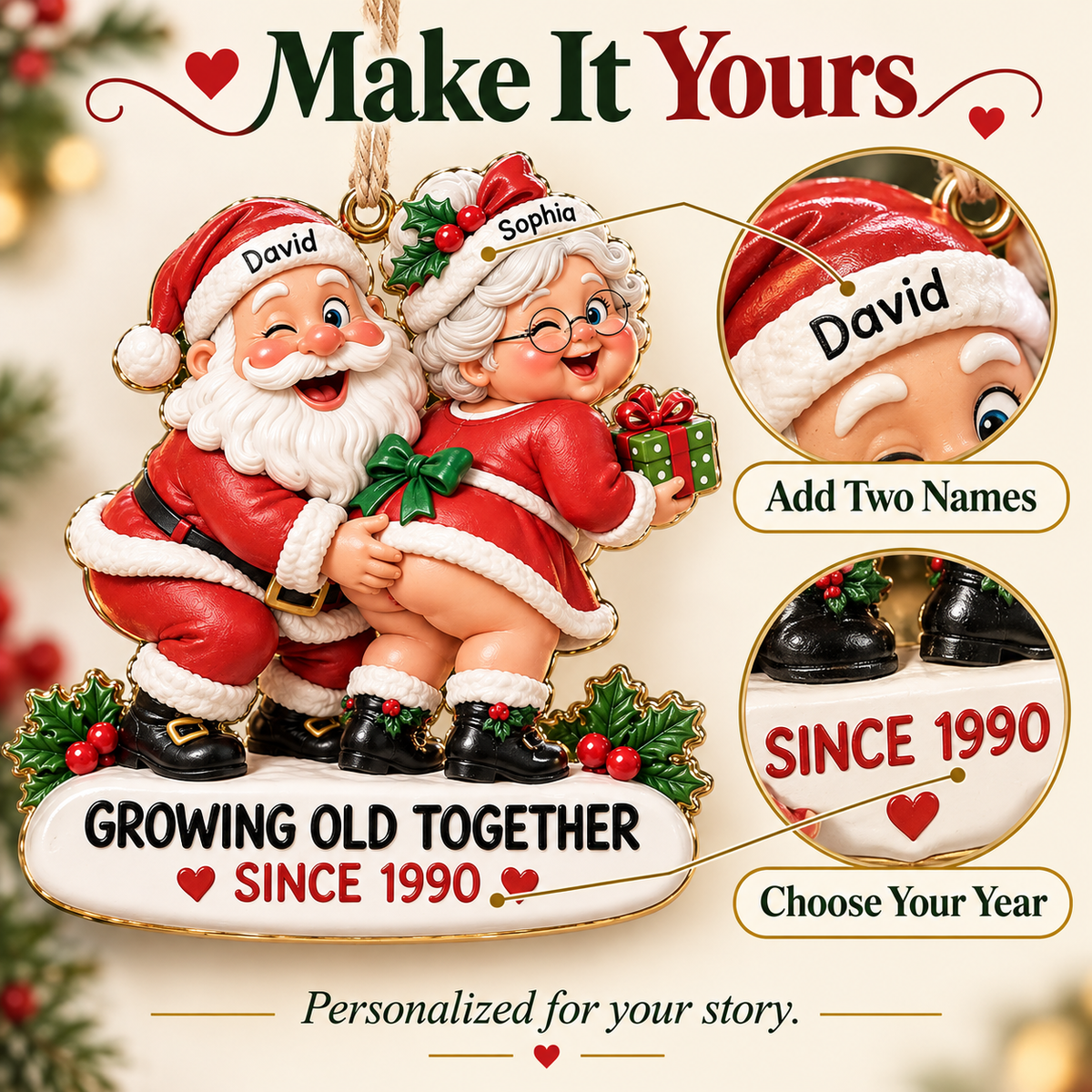 Personalized Santa Couple Ornament - Funny "Growing Old Together" Mr. & Mrs. Claus Anniversary Gift 🎅🤶