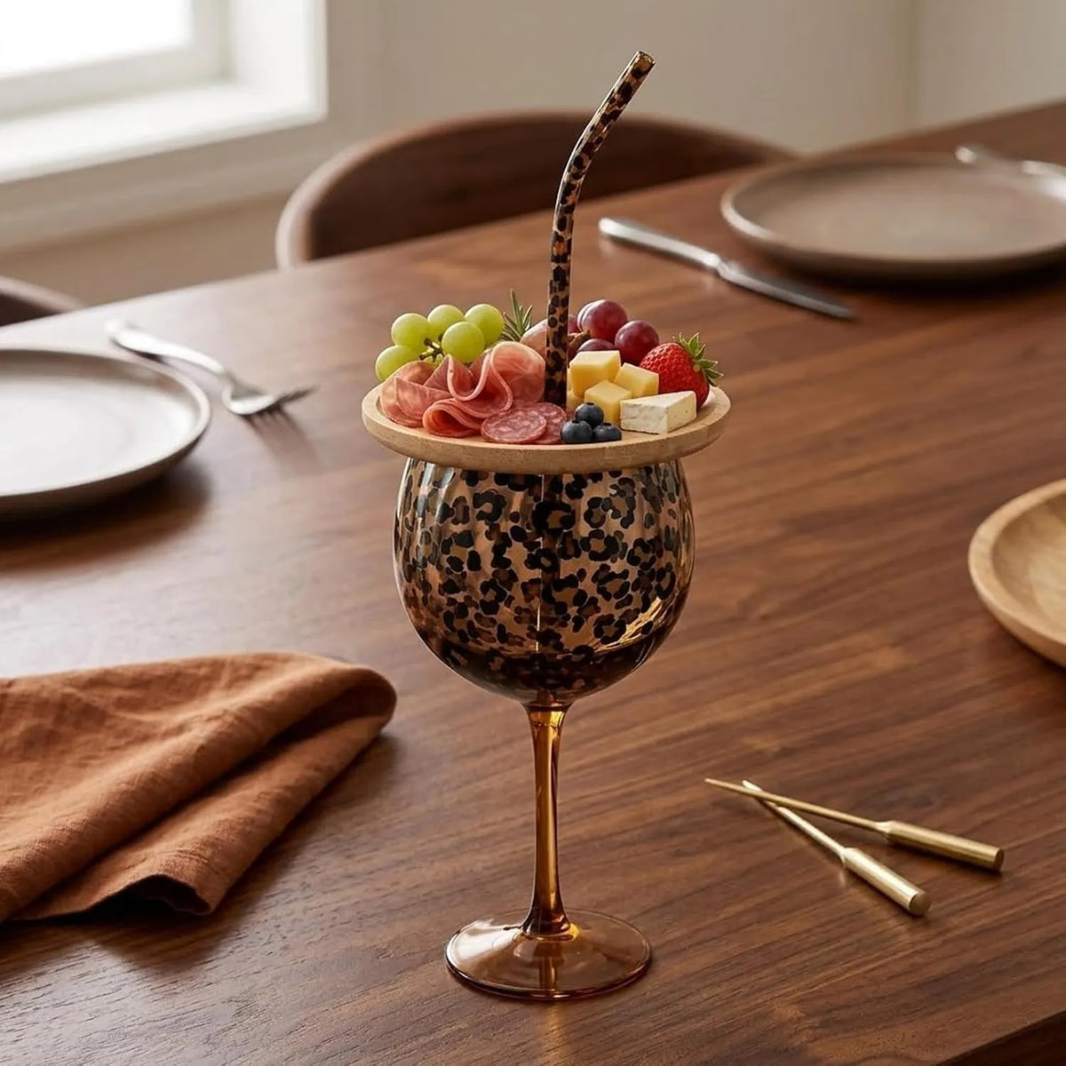 Leopard Print Glass Gift Set Stemmed Wine Glasses with Charcuterie Board