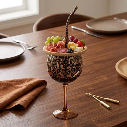 Leopard Print Glass Gift Set Stemmed Wine Glasses with Charcuterie Board
