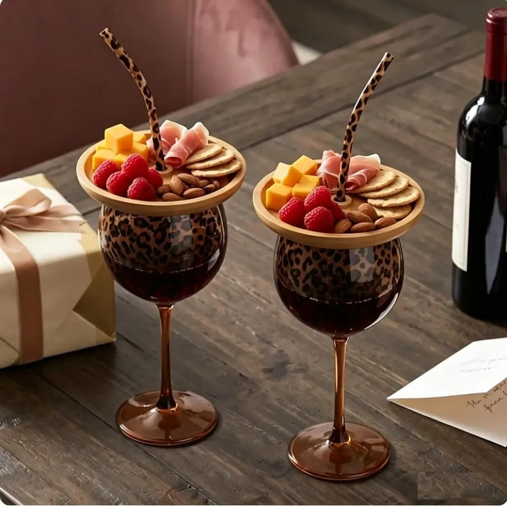 Leopard Print Glass Gift Set Stemmed Wine Glasses with Charcuterie Board