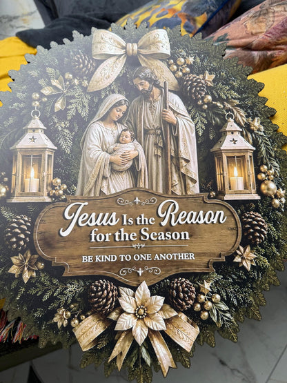 Jesus Is The Reason For The Season, Gift For Family - Personalized Wooden Door Sign