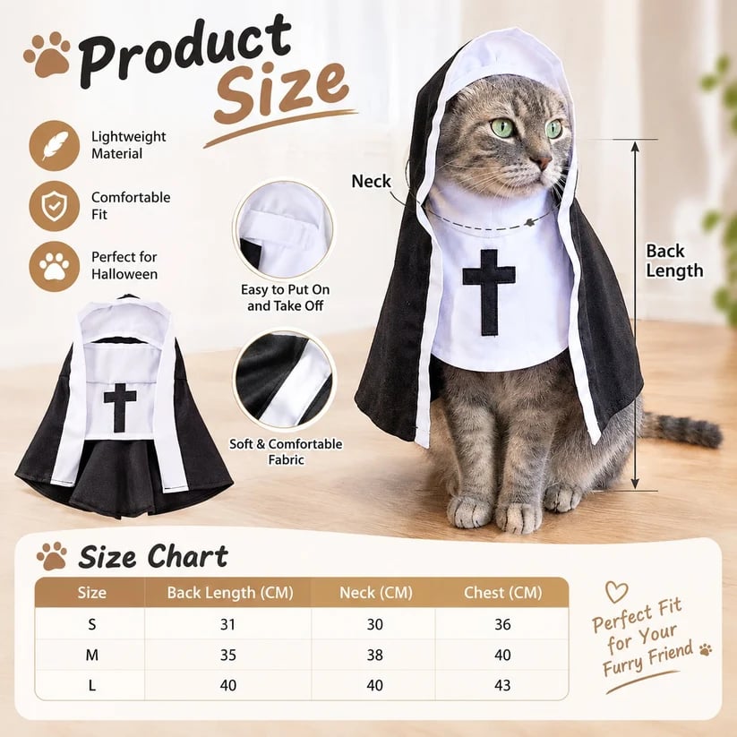 🐈‍⬛ Holy Cat Nun Costume – Funny Halloween Cat Outfit, Cute Black & White Pet Costume for Photos & Cat Lovers 🎃