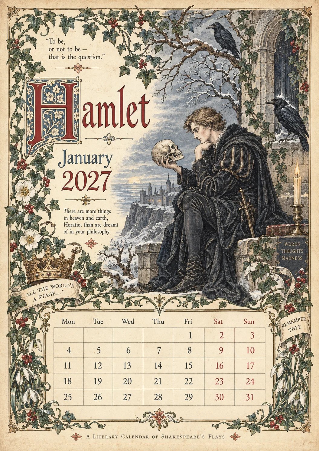 🎁A Shakespearean Year 2027 – 12 Plays Through the Seasons | Vintage Illustrated Wall Calendar