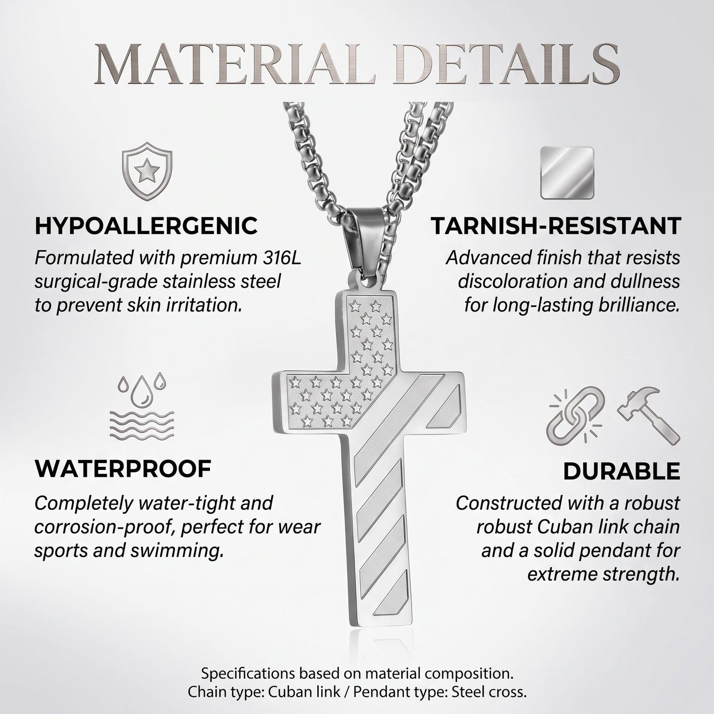 Men’s American Flag Cross Necklace | Wear Your Faith & Inner Strength ✝︎ Braver Stronger Smarter Loved Engraved Pendant