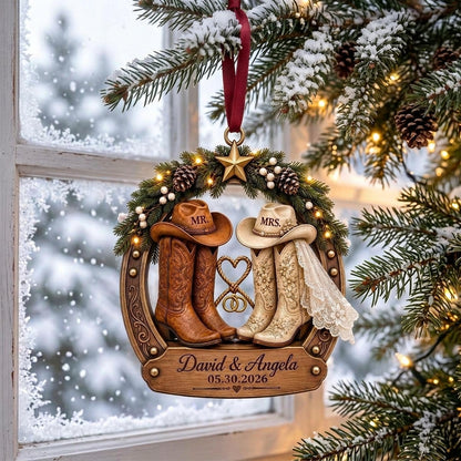 Personalized Mr & Mrs Cowboy Couple Horseshoe Ornament