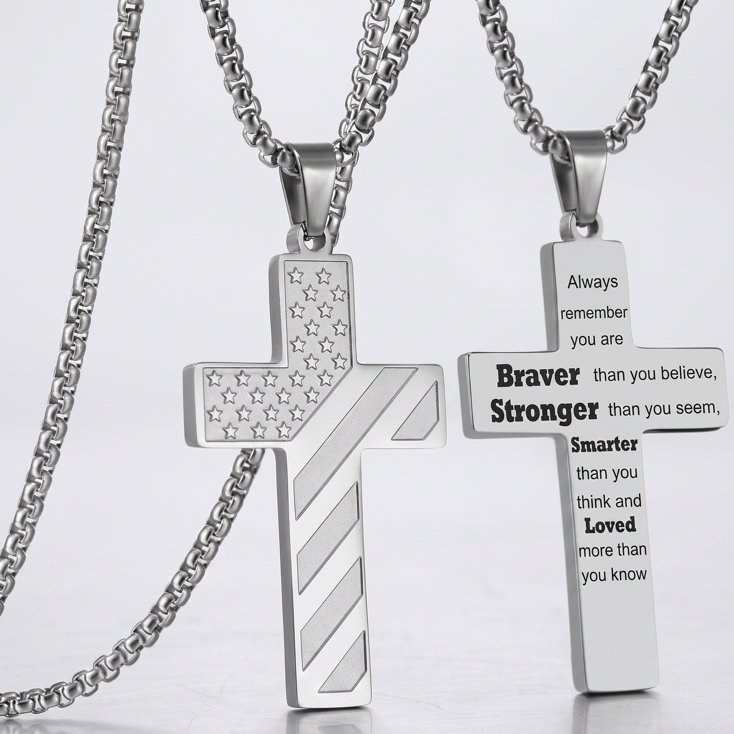 Men’s American Flag Cross Necklace | Wear Your Faith & Inner Strength ✝︎ Braver Stronger Smarter Loved Engraved Pendant