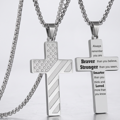 Men’s American Flag Cross Necklace | Wear Your Faith & Inner Strength ✝︎ Braver Stronger Smarter Loved Engraved Pendant