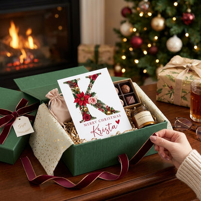 Personalized Christmas Initial Greeting Card – Custom Name Floral Holiday Card