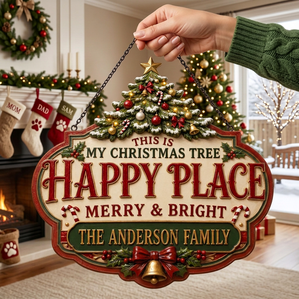 Personalized Christmas Happy Place Door Hanger Sign