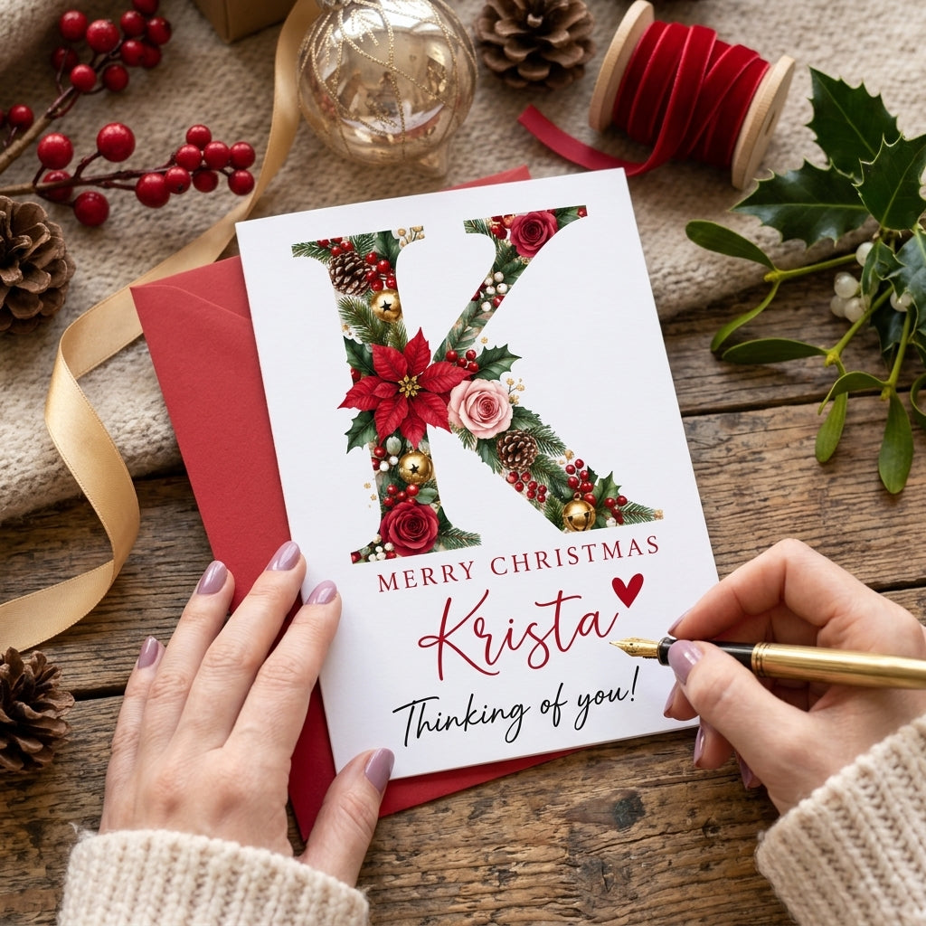 Personalized Christmas Initial Greeting Card – Custom Name Floral Holiday Card
