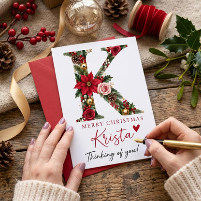 Personalized Christmas Initial Greeting Card – Custom Name Floral Holiday Card