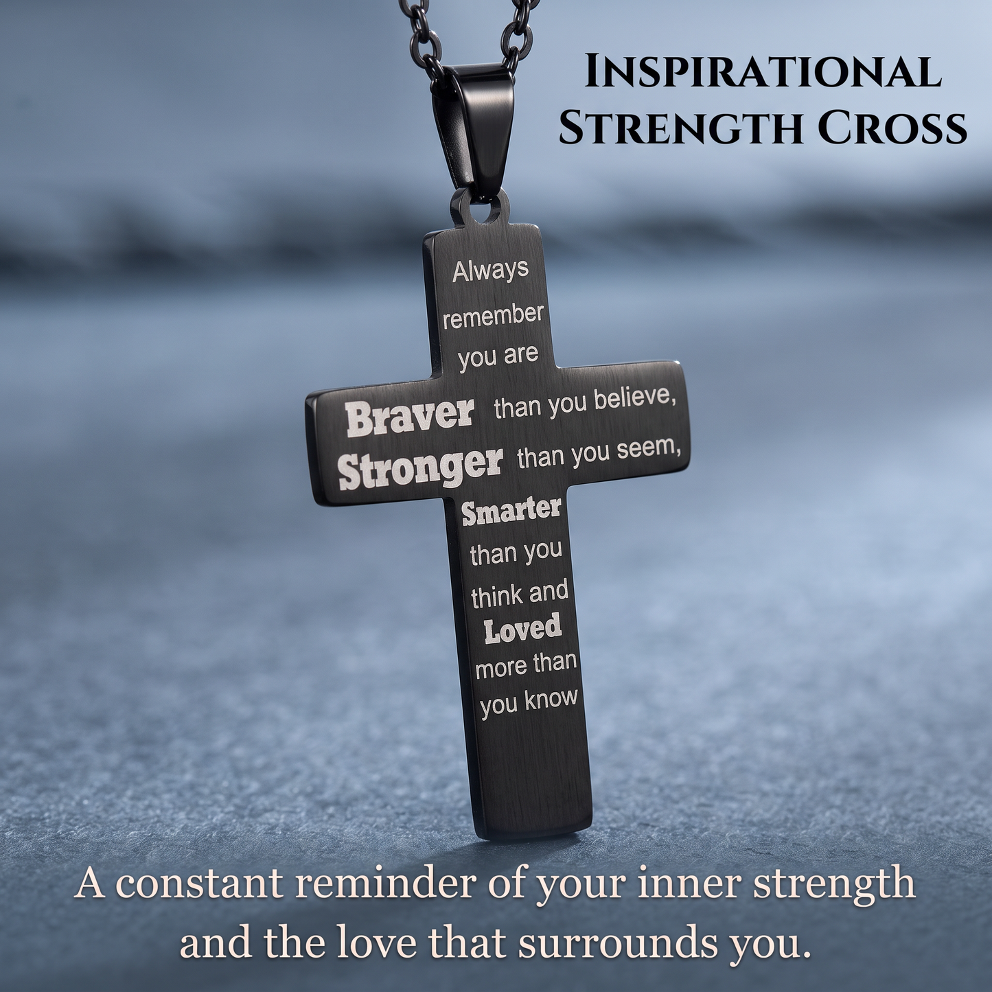 Men’s American Flag Cross Necklace | Wear Your Faith & Inner Strength ✝︎ Braver Stronger Smarter Loved Engraved Pendant