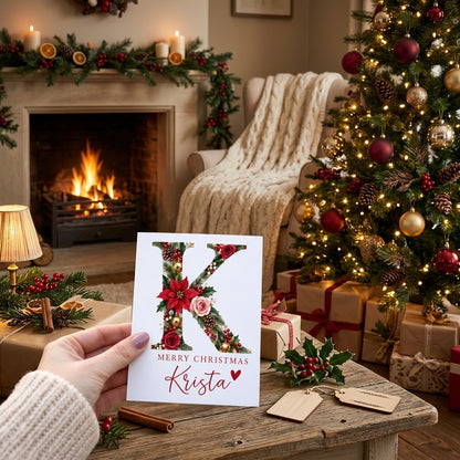 Personalized Christmas Initial Greeting Card – Custom Name Floral Holiday Card