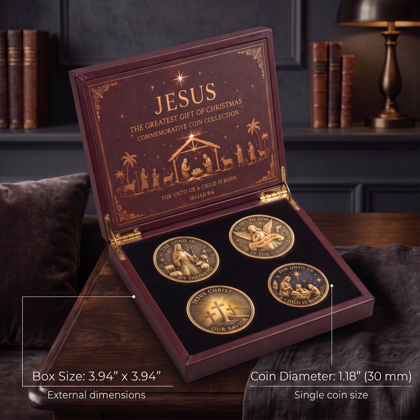 ✝️ Jesus Christmas Commemorative Coin Set | 4‑Piece Faith Collectible Coins Premium Magnetic Gift Box