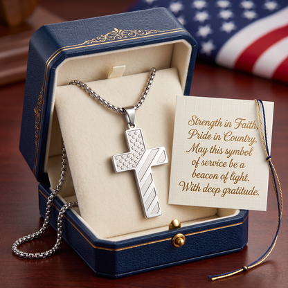 Men’s American Flag Cross Necklace | Wear Your Faith & Inner Strength ✝︎ Braver Stronger Smarter Loved Engraved Pendant