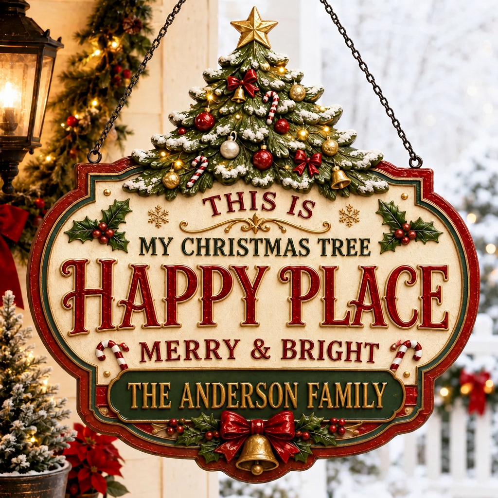 Personalized Christmas Happy Place Door Hanger Sign