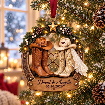 Personalized Mr & Mrs Cowboy Couple Horseshoe Ornament