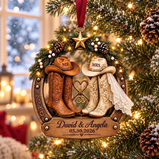Personalized Mr & Mrs Cowboy Couple Horseshoe Ornament