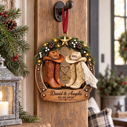 Personalized Mr & Mrs Cowboy Couple Horseshoe Ornament